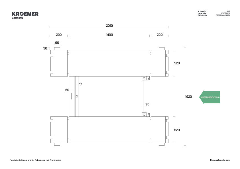 X10 Technische Zeichnung - Draufsicht (Auffahrrichtung Fronttriebler)