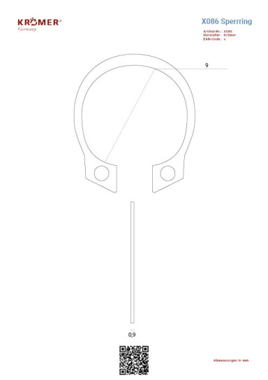 technische Zeichnung eines Sperrrings mit einem Innendurchmesser von 9 mm.